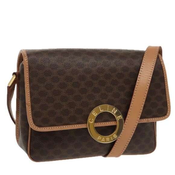 CELINE Macadam Canvas Circle Shoulder Bag PVC Leather Brown Gold - Picture 1 of 16
